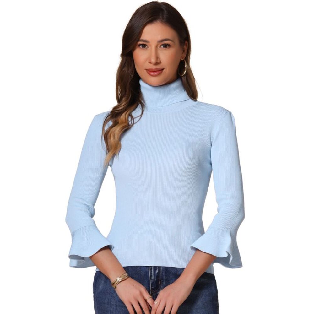 3/4 Sleeve Turtleneck Sweaters Slim Fit Knit Pullover Tops Baby Blue